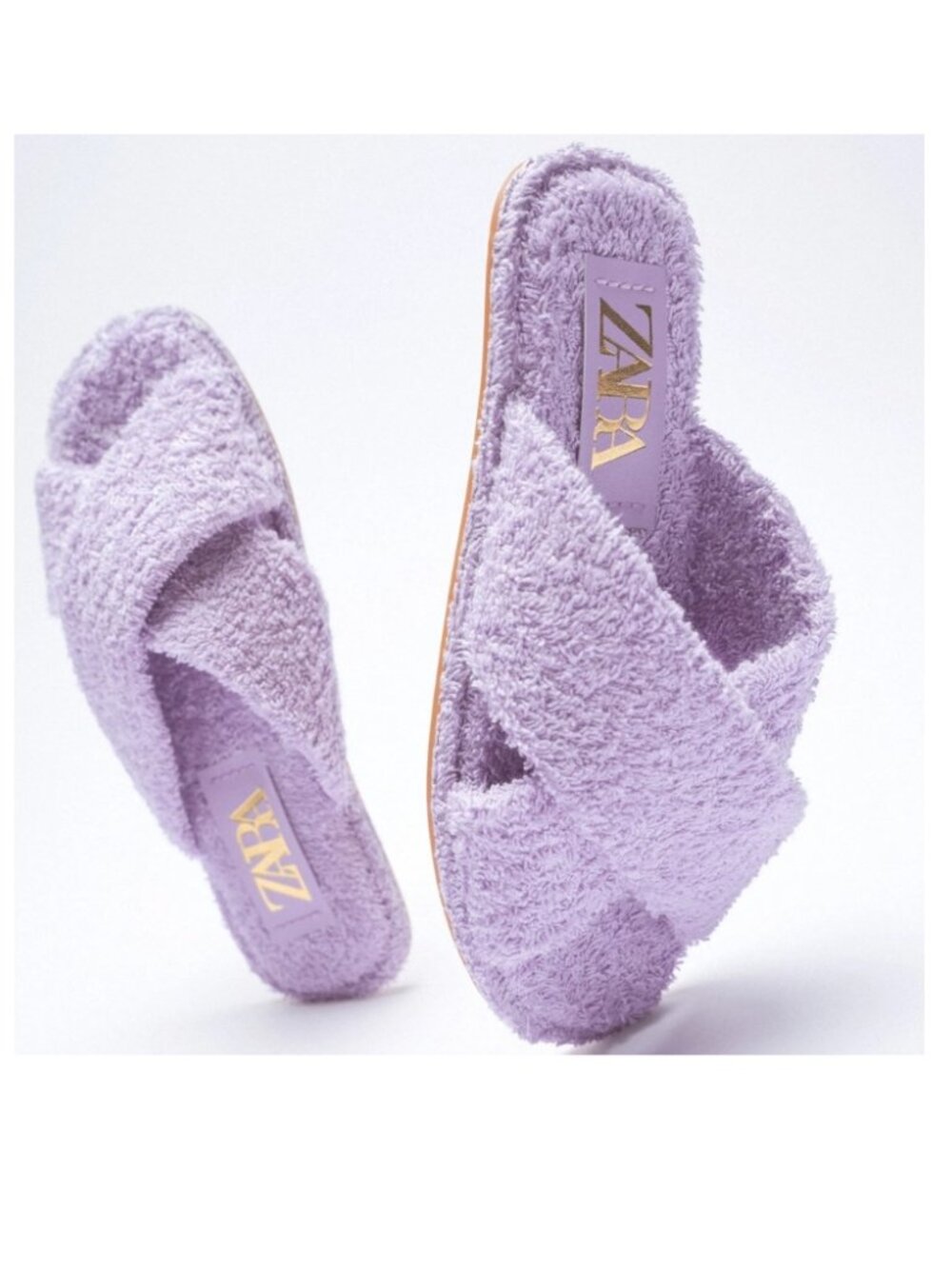 NEW Zara Terrycloth Flat Crossed Strap Sandals Slippers Lilac Purple Comfy Sz 8 - Picture 2 of 10